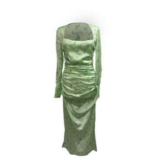 Ganni Ganni Ruched Floral-Prin Midi Dress in Green Silk