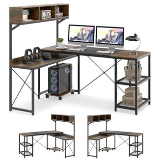 Costway Costway L-Shaped Computer Desk Reversible Corner Workstation w/ Storage Hutch in Dark Brown