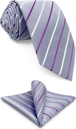 Shlax & Wing Mens Tie and Pocket Square Set Stripes Silver Striped Necktie Hanky Combo 63