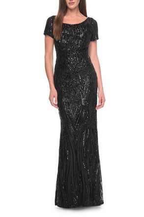 La Femme Short Sleeve Print Sequin Evening Dress in Black at Nordstrom, Size 20