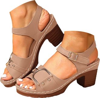 Generic Womens Open Toe Chunky Heel Sandals Fashionable Casual Outer Wear Hollow Leather Sandals with Adjustable Strap Casual Summer Dress Shoes (6.5)