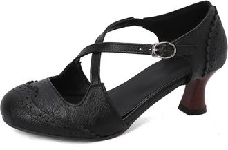 Generic Womens Cross Strap Casual Shoes with Buckle Mid Kitten Heel Retro Dress Shoes Round Toe PU Leather Brogue Shoe,Black,10.5 UK