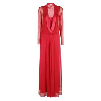 Alberta Ferretti Gowns, female, Red, M, Red Silk V-Neck Long Sleeve Dress