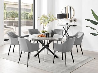 Furniturebox Novara Grey Concrete Effect Black Leg 120cm Round Dining Table & 6 Calla Black Leg Chairs