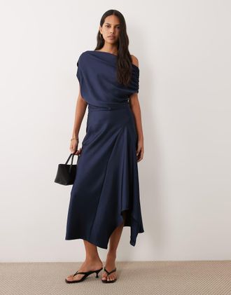 Mango vestito midi asimmetrico in satin navy-blu navy