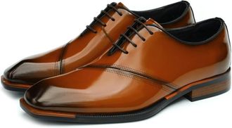 Generic Mens Patent Leather Formal Shoes Square Toe Wedding Dress Shoes Low Block Heel Business Lace Ups Shoe,Brown2,4.5 UK