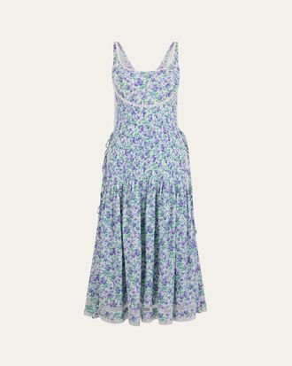 Paco Rabanne Floral Pleated Silk Crepe Sleeveless Midi Dress