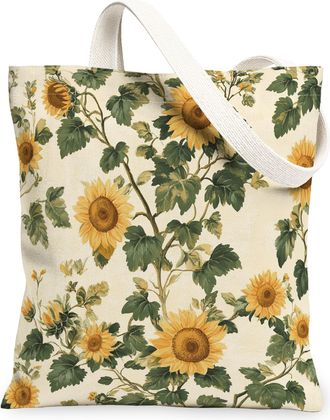 Generic Spring Sunflower Flower Canvas Tote Bag for Shopping 13x15, Vintage Wildflower Florals Reusable Grocery Print Bag for Women, Aesthetic Beach Aesthetic