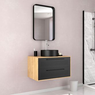 Aurlane Muebles De Ba&ntilde;o De Roble Natural + Matte Black Washasin + Espejo - Uby 80 - 80x45x53cm