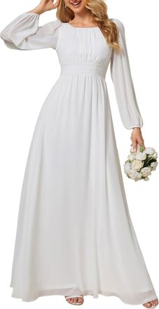 Ever-pretty Womens Dresses Maxi Evening Round Neck A-Line Long Sleeve Bridesmaid Long Dress White 6UK