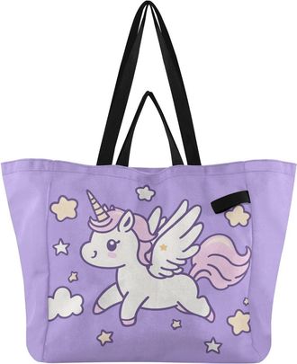 Generic Unicorn Stars Purple pattern Reusable Canvas Tote Bag, Heavy Duty Grocery Shopping Bag with Large Capacity Hard Bottom Double Handles Work Groceries T