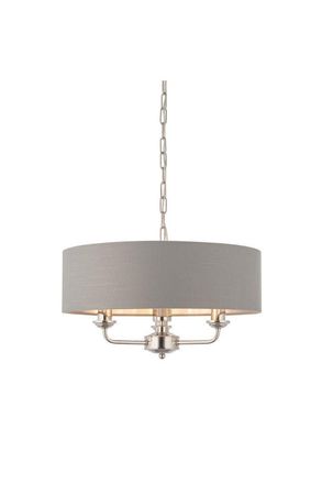 Netlighting Highclere Cylindrical Pendant Light Bright Nickel Plate Charcoal Fabric in Grey