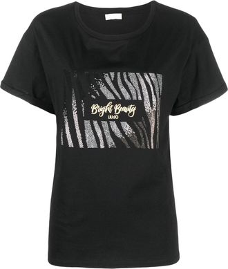 Liu Jo rhinestone-embellished logo-print T-shirt - women - Cotton - S - Black