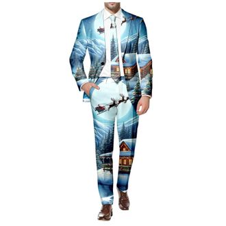 Generic Christmas Suits for Men UK 2 Piece Mens Suits Set with Reindeer Snowflake Printed Tuxedo Blazer & Trousers Notched Lapel One Button Christmas Fancy Dr