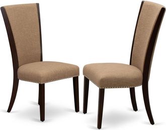 East West Furniture Set of 2 - Upholstered Dining Chair- Wooden Chairs Includes Mahogany Solid Wood Structure with Light Sable Linen Fabric Seat with Nail Head and Stylis