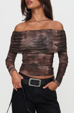 Princess Polly Good Taste Off the Shoulder Long Sleeve Mesh Top in Brown at Nordstrom, Size 4