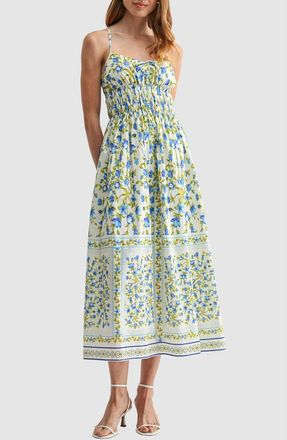 Lush Smocked Waist Midi Dress in Ivory Blue Floral at Nordstrom Rack, Size Medium