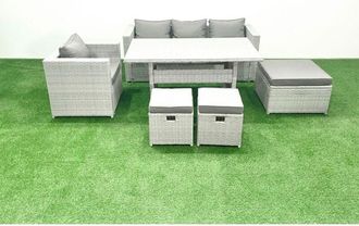 Fimous Garden Dining Set Outdoor Rattan Furniture Set with Sofa Dining Table 3 Footstools Light Grey Mixed - Fimous