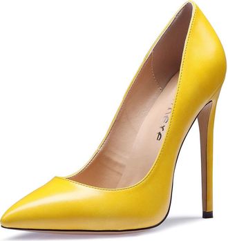 Castamere Womens High Heels Party Wedding Pointed Toe Slip On Court Shoes Classic Elegant Pumps 12CM Stiletto Heels Yellow Pu Shoes UK 2.5