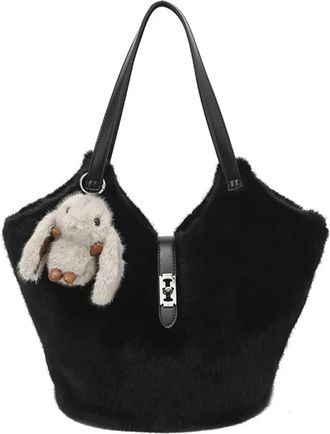 Generic Womens Plush Bags Fluffy Texture Shoulder Bag Solid Color Commuting Bucket Women Casual Versatile Handle(Black)