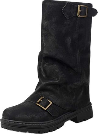 Generic Womens Mid Calf Boots Chunky Heel Ankle Boots Round Toe Square Buckle Casual Fashion Booties(Black, 38)