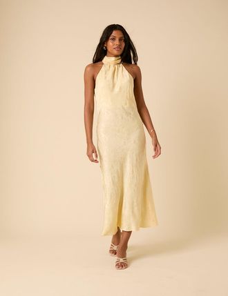 Nobody's Child Butter Yellow Floral Jacquard Tie Neck Fifi Midi Dress