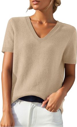 Generic Womens Knitted Jumper Soft V-Neck T-Shirt Short Sleeve Sweaters Cable Knit Elegant Jumper Spring Wool Blend Pullover Outfits Sweatshirt Ladies Light A