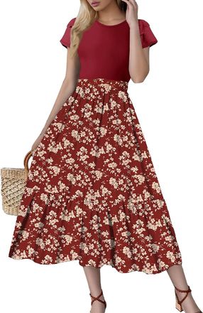 Generic Spring Dresses for Women UK, Womens Summer Maxi Dress Floral Print Boho Sundress Ruffle Puff Sleeve High Waist A-Line Casual Cocktail Holiday Beach Lo