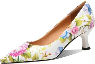 TinaCus Womens Pointed Toe Floral Genuine Leather Handmade Mid Heels Slip On Pumps Shoes, White, 3 UK