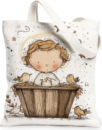 Generic Cute Animal Canvas Tote Bags, Baby Bird Design Reusable Grocery Bags, Spring Lightweight Washable Shoulder Strap Canvas for, White, 13x15 Inch