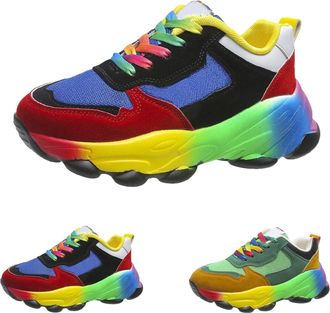 Generic Women Chunky Sneakers Lace-Up Platform Retro Color Blocked Shoes Casual Comfortable Lightweight Wedge Walking Sport Shoes Outdoor Anti-Slip Trainers S