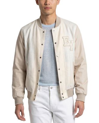 Eleventy Leather-Trim Linen, Wool & Silk-Blend Bomber Jacket