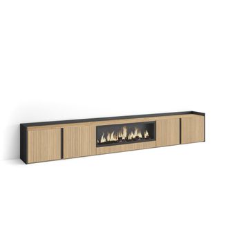 Skraut Home Skraut Home - Mueble Tv, Televisi&oacute;n, Muebles De Sal&oacute;n, Almacenaje, 315x35x50cm, Para Tv Hasta 80, Chimenea El&eacute;ctrica Xxl, Estilo Moderno, Roble Y Negr