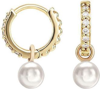 Dower & Hall 9k Diamond & Round Pearl Drop Hoops