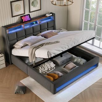 Merax Vintage LED Upholstered Storage Bed with Charging Headboard in Grey | Size: King
