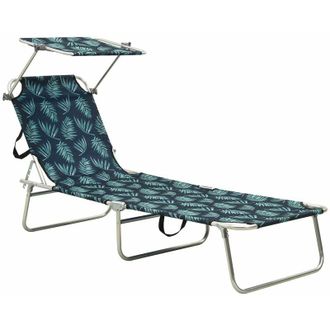 vidaXL Folding Sun Lounger with Canopy Steel Leaves Print vidaXL