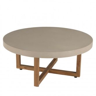 Macabane Mesa de centro redonda de hormig&oacute;n y madera de teca D. 92 cm