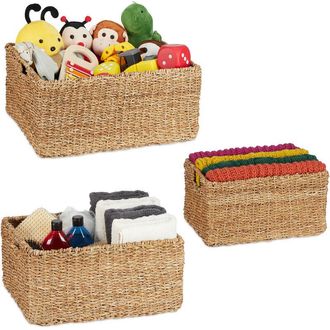 Relaxdays Relaxdays - Storage Box, Seagrass, Set of 3, Baskets in 3 Sizes, Bathroom & Nursery Storage, Rectangular Baskets, Natural