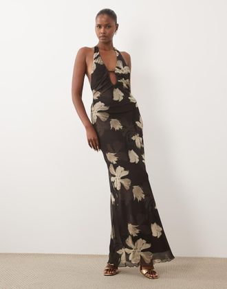Asos vestito maxi in rete con stampa floreale marrone e dettaglio foulard