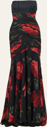 Carolina Herrera Floral Chiffon Strapless Corset Gown