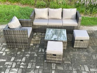 Fimous 5 PCS Outdoor Lounge Sofa Set Wicker PE Rattan Garden Furniture Set with Armchair Squar Coffee Table in Dark Grey