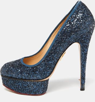Charlotte Olympia Blue Glitter And Fabric Priscilla Platform Pumps