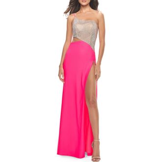 La Femme One Shoulder Dress with Side Cut Out and Rhinestone Bodice in Neon Pink at Nordstrom, Size 10