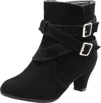 Generic Womens Ankle Boots with Buckle Strap - Mid Heel Soft Textured Slip-On Booties, Casual Pull-On Boots(Black,4.5 UK)