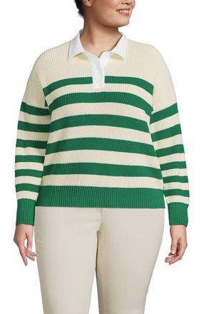 Lands End Drifter Rugby with Woven Collar Sweater in Vibrant Clover Stripe at Nordstrom, Size 3X