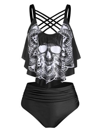 Dressfo Womens Bikini Set High Waisted Bikini Two Piece Bathing Suit Tummy Control Tankini Gothic Skull Swimsuit, Black, Medium