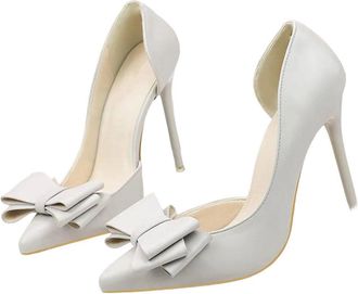 Generic Women Luxury Pointed Toe High Heel Pumps Bow Detail Hollow Holiday Party Dress Shoes Gray