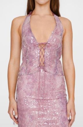 NASTY GAL Sequin Lace-Up Halter Top in Pink at Nordstrom Rack, Size Large