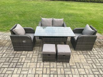 Fimous Rattan Garden Furniture 6 Piece Grey Patio Furniture Set Patio Conservatory 6 Seater Set Outdoor Rectangular Table & Chairs in Dark Grey