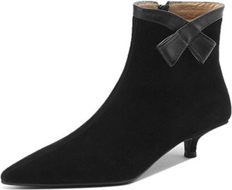 Generic Womens Suede Ankle Boots Pointed Toe Slim Stiletto Heels Bow Detail Contrast Panel Side Zipper Soft Lining Cushioned Insole Durable Outsole,Black,3.5 